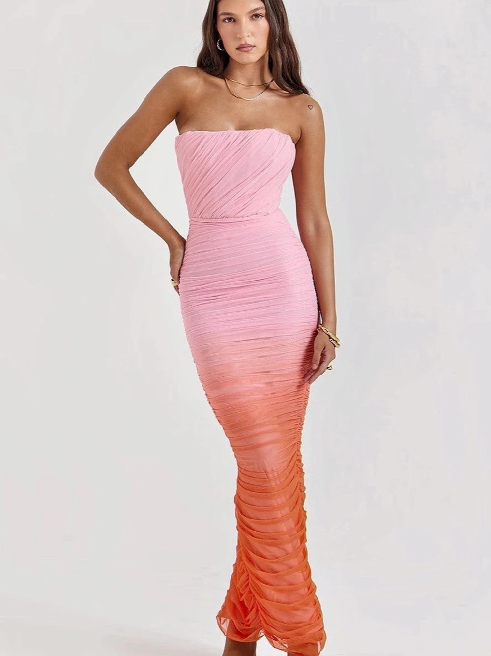Ruched Strapless Maxi Dress in Pink & Orange Ombre - House of CB Sapphire Gather